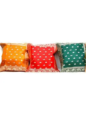 Lot of Three Banarasi Cushion Covers with Elephants and Peacocks