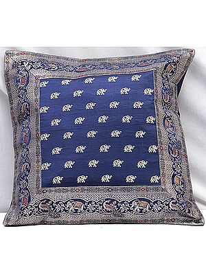 Blue Banarasi Cushion Cover with Elephants and Peacocks