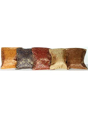 Lot of Five Cushion Covers with Elephants and Peacocks in Weave