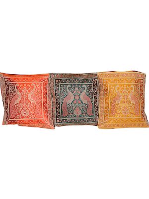 Lot of Three Peacock Cushion Covers from Banaras