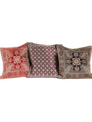 Lot of Three Cushion Covers from Banaras with Brocade Weave