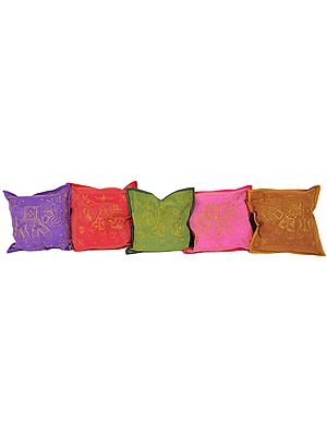 Lot of Four Cushion Covers Embroidered with Elephants