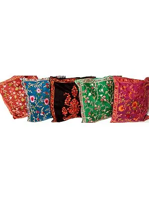 Lot of Five Cushion Covers from Kashmir with All-Over Ari Embroidery