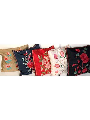 Lot of Five Cushion Covers from Kashmir with Floral Embroidery