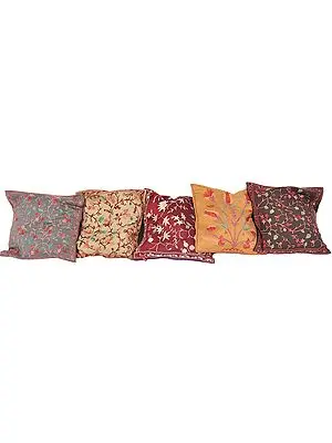 Lot of Five Cushion Covers from Kashmir with All-Over Ari Embroidery