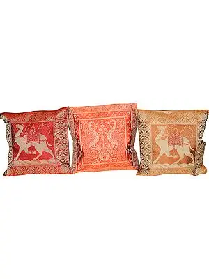 Lot of Three Cushion Covers from Banaras with Brocaded Camels