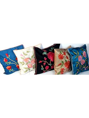 Lot of Five Cushion Covers from Kashmir with Embroidered Flowers