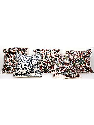 Lot of Five Cushion Covers from Kashmir with All-Over Ari Embroidery