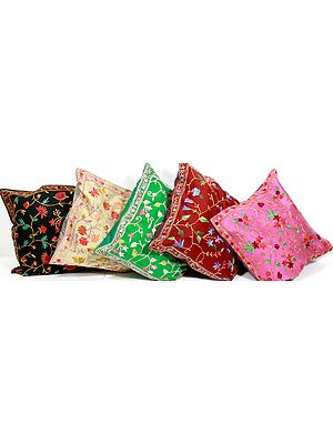 Lot of Five Cushion Covers from Kashmir with All-Over Ari Embroidery