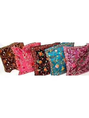 Lot of Five Cushion Covers from Kashmir with All-Over Ari Embroidery