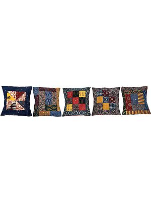 Lot of Five Printed Cushion Covers with Patchwork