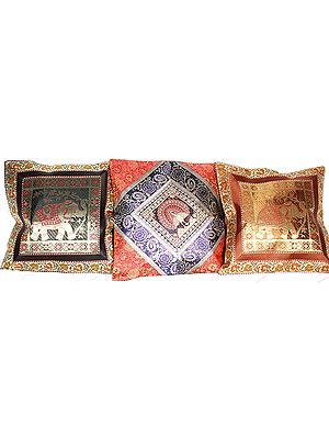 Assorted Lot of Three Banarasi Cushion Covers with Woven Elephant and Peacock