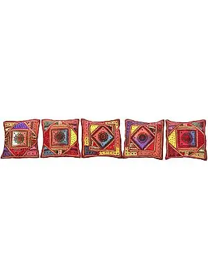 Lot of Five Cushion Covers from Gujarat with Embroidered Kutch Patches and Mirrors