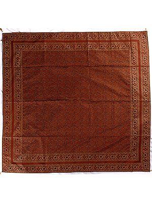 Leather-Brown Table Cover with All-Over Woven Flowers and Brocaded Border