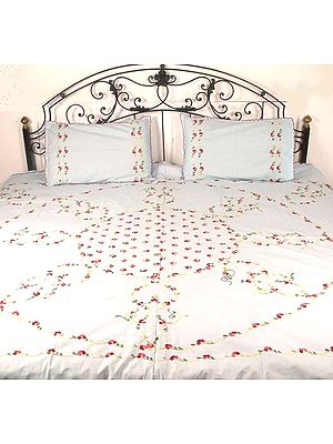 Light Blue Bedspread with Floral Embroidery