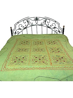 Lime Green Gujarati Bedspread with All-Over Embroidery and Mirrors