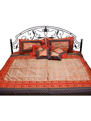 Lollipop-Red and Blue Seven-Piece Banarasi Bedcover with Woven Mandalas and Brocade Border