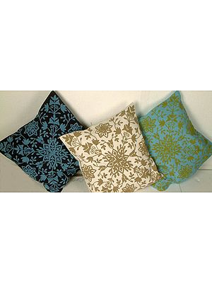 Lot of Three Cushion Covers from Kashmir with All-Over Ari Embroidery