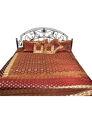 Maroon Banarasi Bedcover Woven by Hand with Elephants and Peacocks