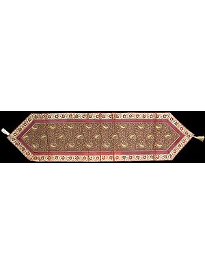 Maroon Brocaded Table Runner from Banaras with Embroidered Paisleys