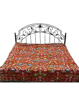 Maroon Gujarati Bedspread with All-Over Thread Work