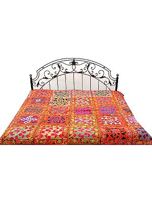 Maroon Kutch Bedcover with Multi-Color Embroidery All-Over