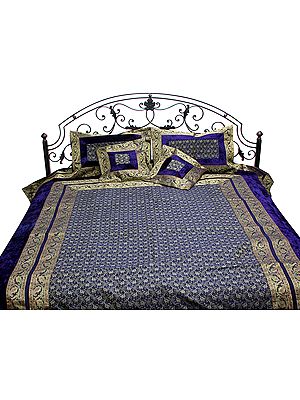 Mazarine-Blue Five-Piece Banarasi Bedspread with Velvet Applique and Tanchoi Weave