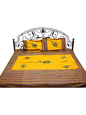 Mineral Yellow Gujarati Bedspread with Multi-Color Embroidered Camels