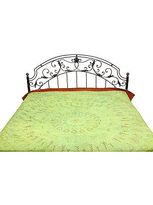 Ming-Green Stonewashed Bedspread with Ari-Embroidery All-Over in Golden Thread