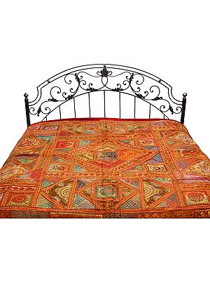 Multi-Color Gujrati Patch Bedspread with All-Over Embroidery and Mirrors