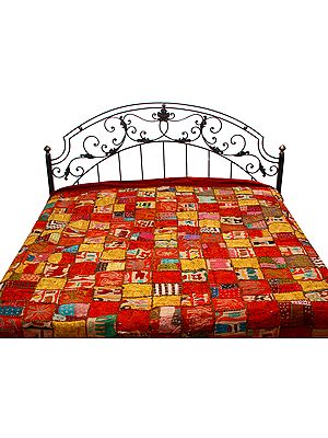 Multi-Color Heavy Bedcover from Kutch with Patchwork and All-Over Embroidery