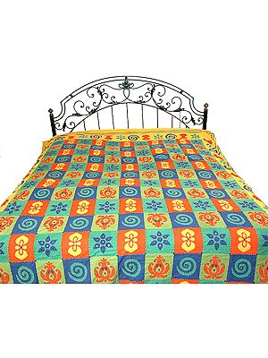 Multi-Color Kantha Bedspread with Auspicious Print