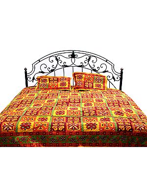 Multi-Color Kantha Stitch Bedspread with Block Print