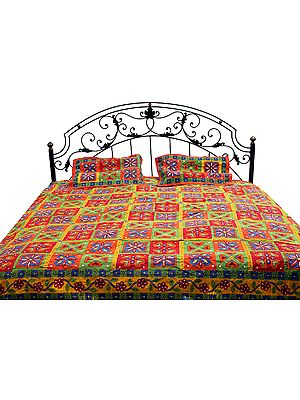 Multi-Color Kantha Stitch Bedspread with Floral Print