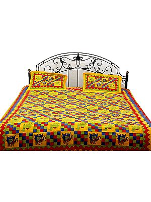 Multi-Color Kantha Stitch Bedspread with Printed Camels and Elephants