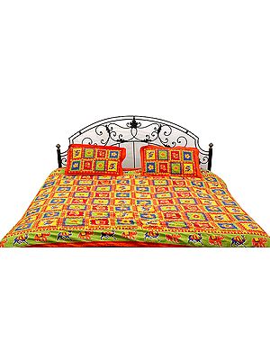 Multi-Color Kantha Stitch Bedspread with Printed Camels and Elephants