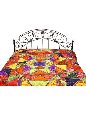 Multi-Color Kutch Bedcover with All-Over Embroidery and Mirrors