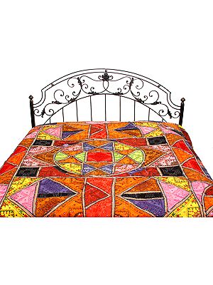 Multi-Color Kutch Bedcover with Patch Work, Mirrors and All-Over Embroidery