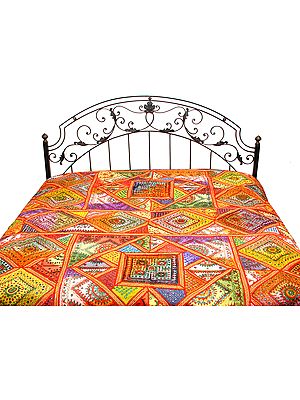 Multi-Color Kutch Bedcover with Patch Work, Mirrors and All-Over Embroidery