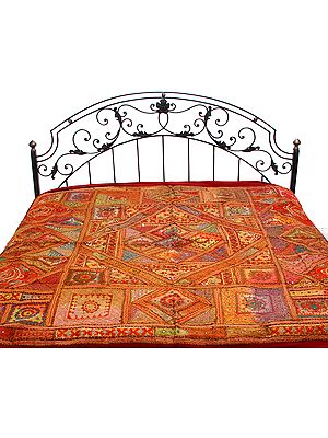 Multi-Color Kutch Bedcover with Patch Work, Mirrors and Antiquated Embroidery