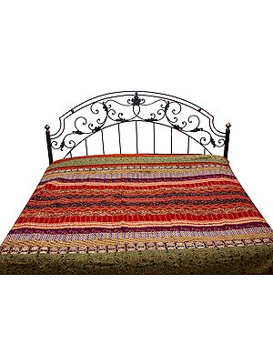 Multi-Color Patchwork Bedspread from Gujarat with Printed Flowers