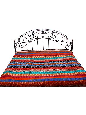 Multi-Color Patchwork Bedspread from Gujarat with Printed Flowers