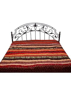 Multi-Color Patchwork Bedspread from Kutch with Printed Flowers and Kantha Embroidery