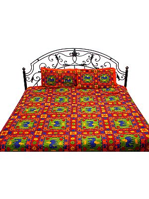 Multi-Color Sanganeri Bedspread with Printed Elephants and Kantha Embroidery