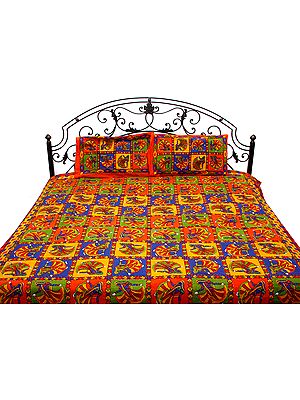 Multi-Color Printed Bedcover with Dancing Ladies and Kantha Stitch Embroidery