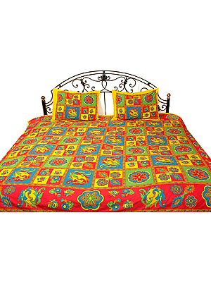 Multi-Color Printed Bedspread with Kantha Stitch Embroidery