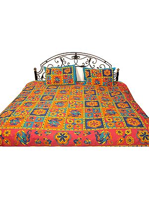 Multi-Color Printed Cotton Bedspread with Kantha Stitch Embroidery