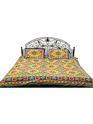 Multi-Color Printed Bedspread with Kantha Stitch Embroidery