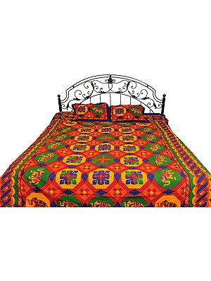 Multi-Color Sanganeri Bedspread with Printed Elephants and Kantha Stitched Embroidery