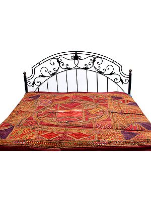 Multi-Color Solar Bedcover from Kutch with Mirrors and All-Over Thread Work